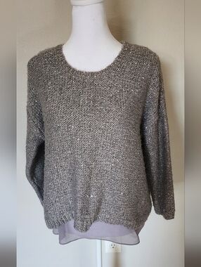 Jennifer Lopez Metallic Taupe Crewneck Sweater